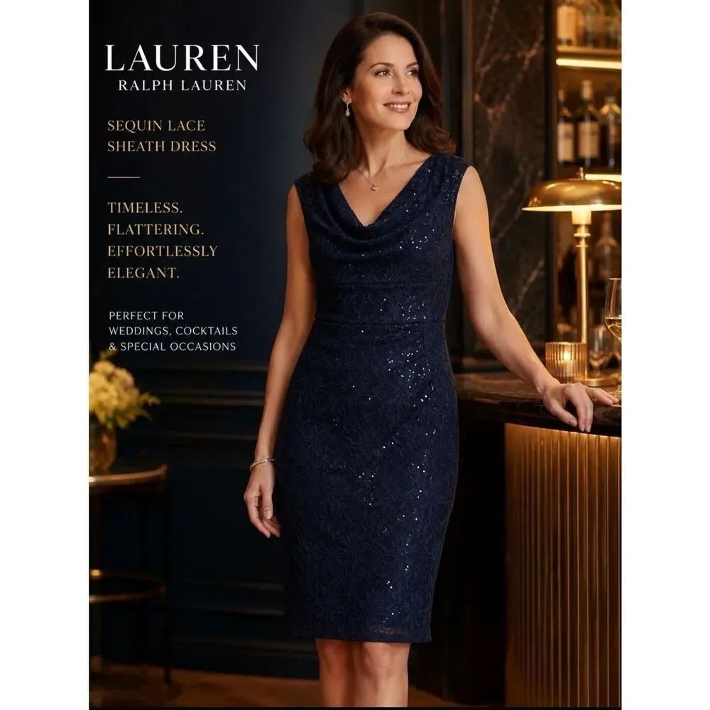 Lauren Ralph Lauren Women's Navy Sequin Lace Cowl Neck Cocktail Wedding Dress 12